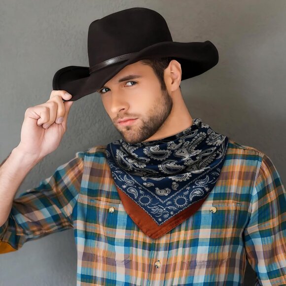 ⚡Men Navy Blue Necktie 27.5 Inches Cowboy Scarves Pocket Square Silk Bandanas - Picture 2 of 9